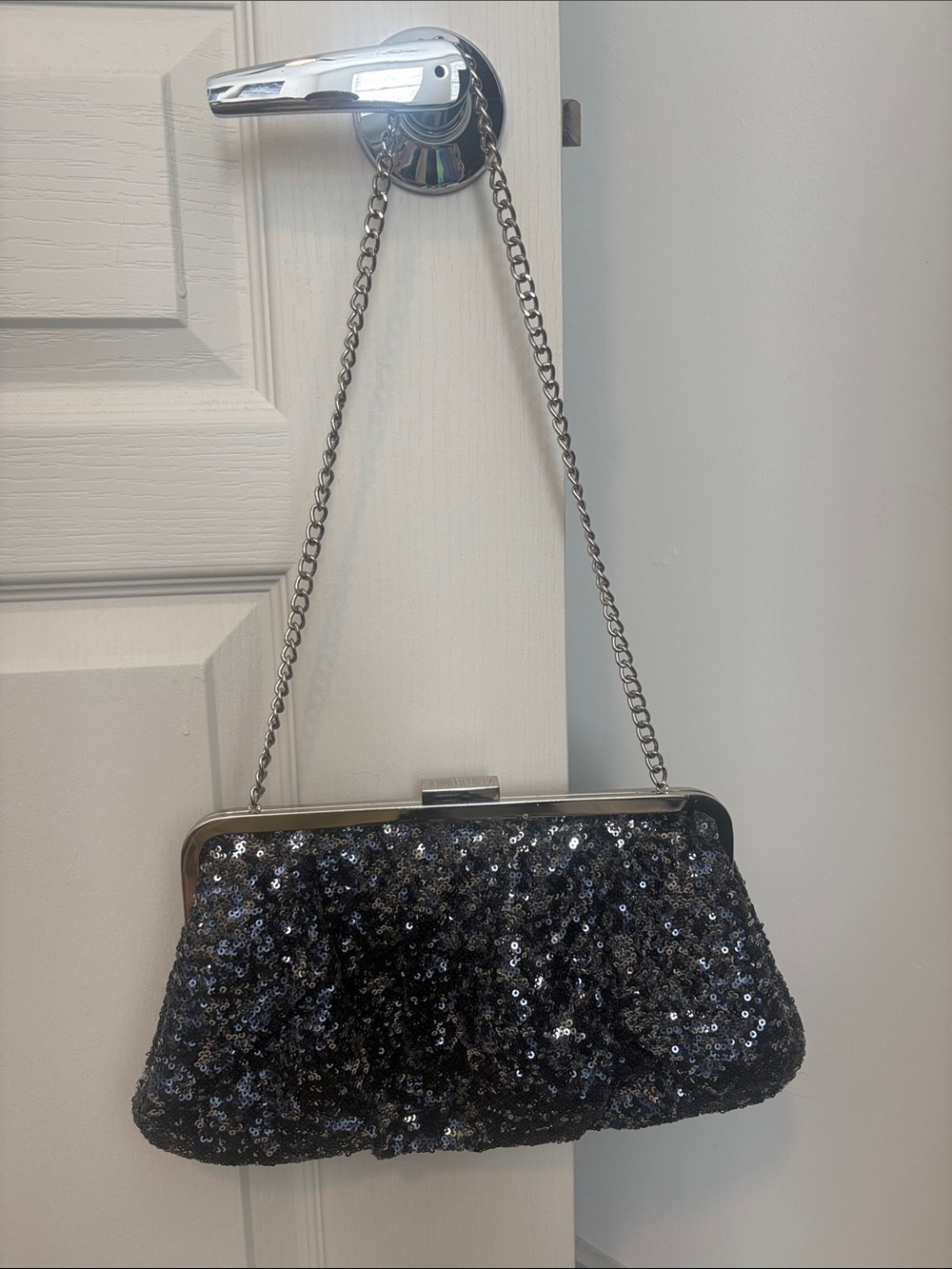 Silver Sequin Clutch with Chain Strap